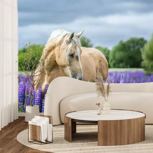 Fotobehang Een paard tussen paarse bloemen