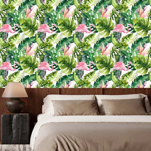 Behang Tropische flamingo's en monstera bladeren