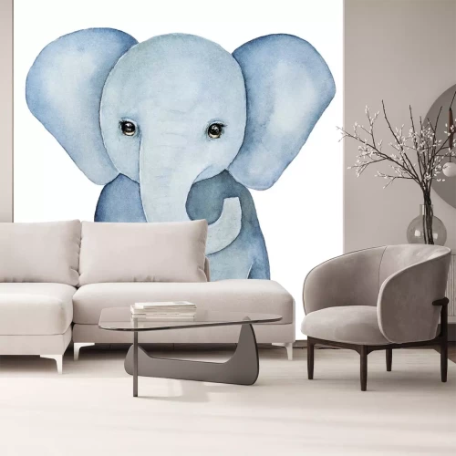 Sticker Schattige kleine baby olifant schilderij. Grote oren, mooie ogen, grijsblauwe kleuren, vooraanzicht. Baby t-shirt print, jeugd element. Hand getrokken waterkleurillustratie, geïsoleerde, witte achterg