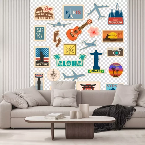 Sticker Vectorreissticker en etiketreeks met beroemde landen, steden, monumenten, vlaggen en symbolen in retro of uitstekende stijl. Omvat Italië, Frankrijk, Rusland, de VS, Engeland, India, Japan enz