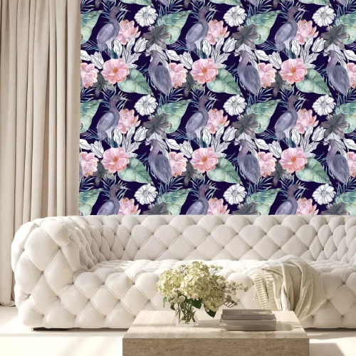 Behang Exotische vogels en bloemen