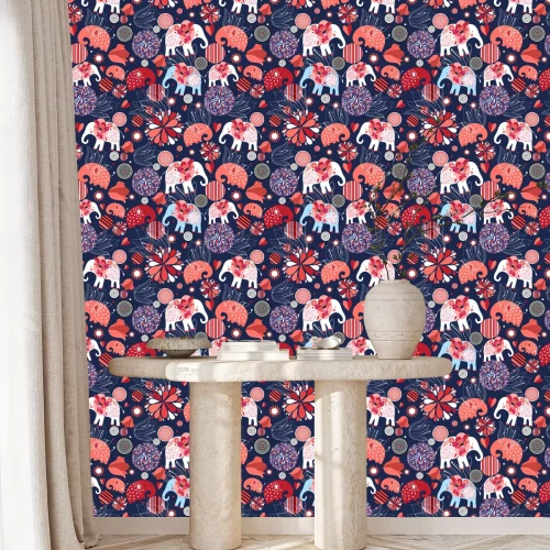 Behang Omcirkel olifanten en bloemen in roodtinten