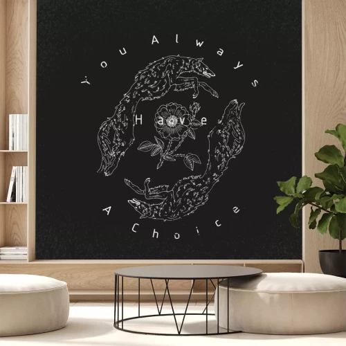 Sticker Wolf met bloemen. Je hebt altijd een keuzeslogan. Typografie grafische druk, modetekening voor t-shirt. Vectorstickers, druk, flarden uitstekende rotsstijl