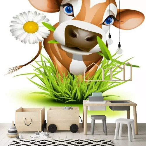 Sticker Een bruine koe die in het gras staat