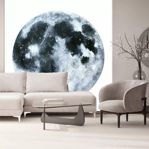 Fotobehang Grote aquarel maan illustratie. Symbool van nieuw begin, dromen, romantiek, fantasie, magie. Zwarte, grijze kleuren, cirkel, volledig zicht. Hand getrokken water kleur schilderij, geïsoleerd op een wi