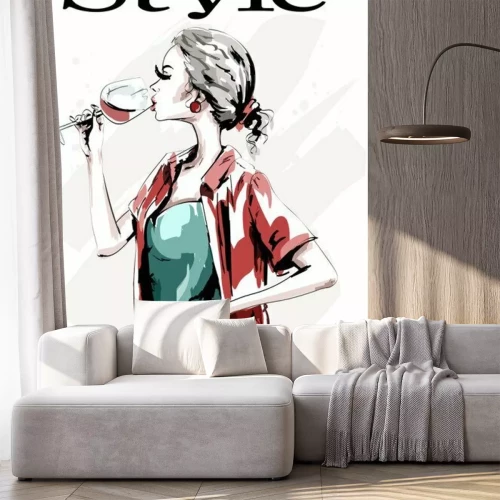 Sticker Mooie jonge vrouw met wijnglas. Leuke hand getrokken vrouw in manierkleren. Stijlvolle blond haar dame drinken. Schetsen.