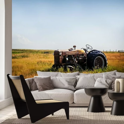 Fotobehang Een oude uitstekende rode geroeste tractorzitting in een geschermd weiland in een landbouw landelijk landschap van het de zomerplatteland