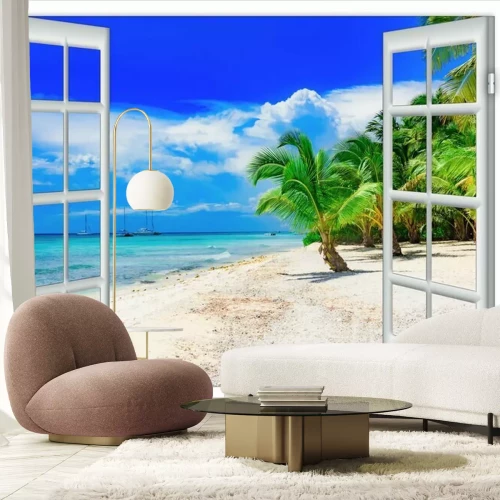 Fotobehang Open raam naar de zee