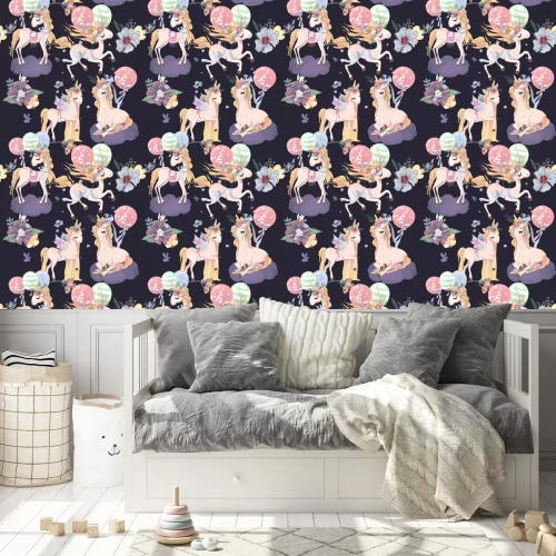 Behang Eenhoorns en kleurrijke ballonnen