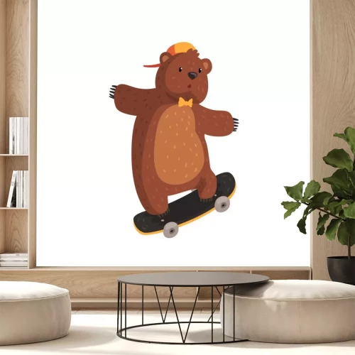Sticker De grappige tiener draagt ​​in oranje GLB en vlinderdas die kickflip truc op skateboard doen. Extreme sport. Cartoon wild dier met bruin bont, kleine oren en poten met klauwen. Platte vector