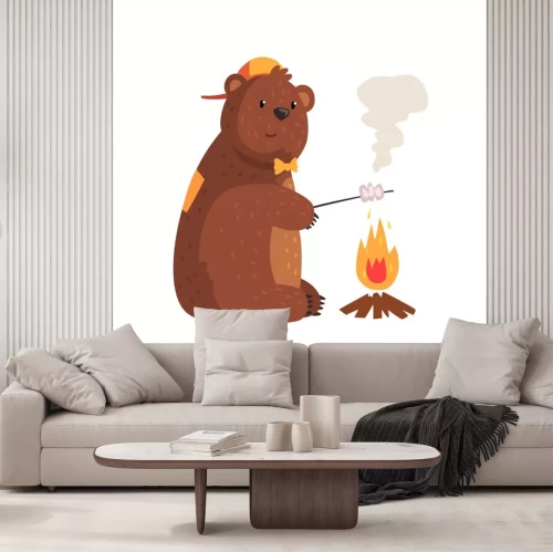 Sticker Cartoon beer frituren marshmallow in brand in bos. Schattige grizzly in pet en vlinderdas. Wild dier met bruin bont, kleine ronde oren en poten met klauwen. Platte vector