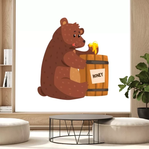 Sticker Grappige bruine beer die honing van houten vat eet. Cartoon bosdier met korte staart, kleine oren en glanzende ogen. Platte vector voor kinderen boek, sticker of wenskaart
