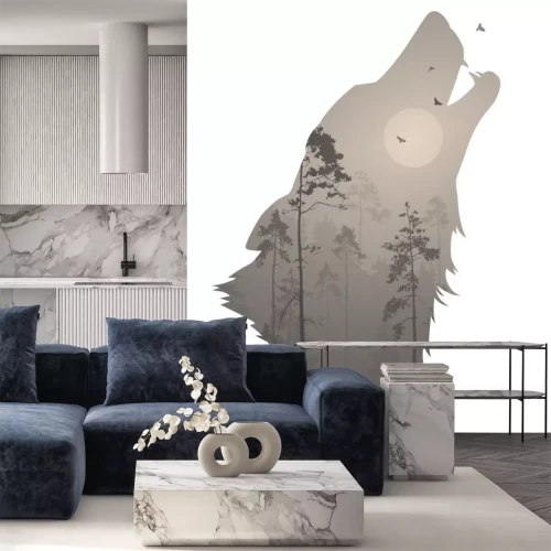 Sticker silhouet van het hoofd van de huilende wolf. Binnen is het een nachtelijk bos met een beer en vogels. Vectorillustratie, witte achtergrond, geïsoleerd voorwerp