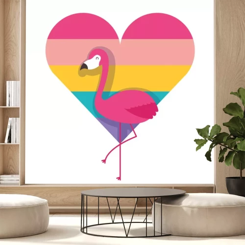 Sticker flamingo en hart liefde met kleur regenboog vectorillustratie