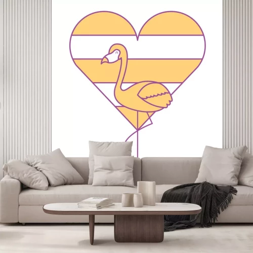 Sticker flamingo en hart liefde met kleur regenboog vector illustratie geel ontwerp