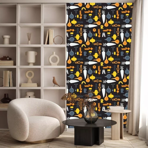 Behang Kleurrijke abstracte groenten met inscripties