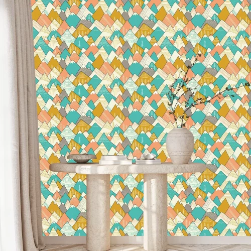 Behang Naadloos patroon met bergen in Skandinavische stijl. Decoratieve achtergrond met landschap. Hand getrokken ornamenten.