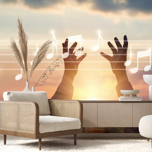 Fotobehang Abstracte notenbalk op de achtergrond van de natuur