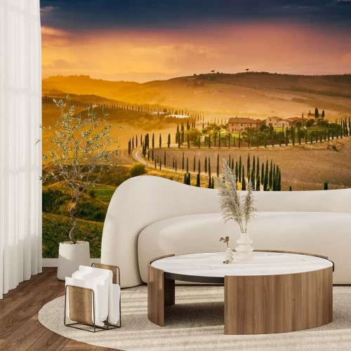 Fotobehang Toscaanse velden in de regen