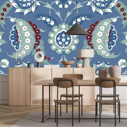 Fotobehang Oosterse bloemen op een blauwe achtergrond