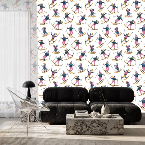 Behang Vector winter illustratie van skiërs. Sportieve kinderen in het skigebied. Trendy Scandinavisch ontwerp. Naadloos patroon op de witte achtergrond.