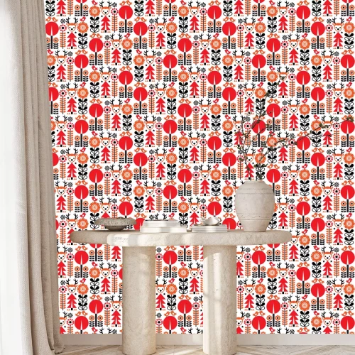 Behang Fins geïnspireerd naadloos vector volkskunstpatroon - Skandinavische, Noordse stijl met bloemen en dieren