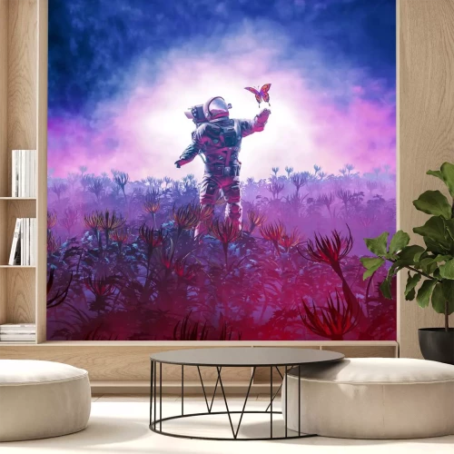 Sticker Astronaut speelt met een grafische vlinder