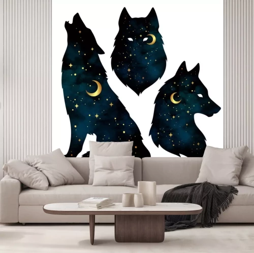 Sticker Set van wolf silhouetten met wassende maan en sterren geïsoleerd. Sticker, afdrukken of tatoeage ontwerp vectorillustratie. Heidense totem, bekende vertrouwde geestkunst