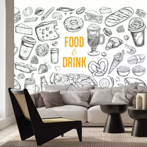 Sticker Eten en drinken vector grote reeks. Geïsoleerde objecten in schetsstijl.