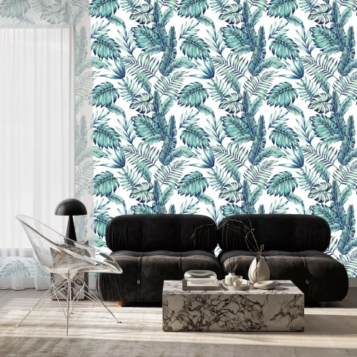 Behang Blauwe jungle bladeren