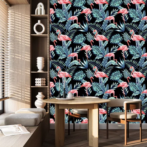 Behang Flamingo's en bladeren op een patroon met zwarte achtergrond