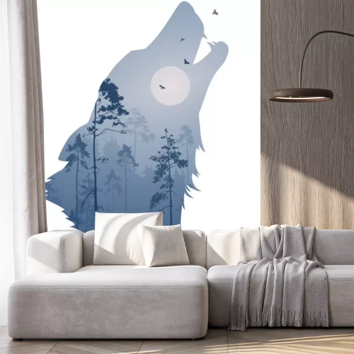 Sticker silhouet van het hoofd van de huilende wolf. Binnen is het een nachtelijk bos met een beer en vogels. Vectorillustratie, witte achtergrond, geïsoleerd voorwerp