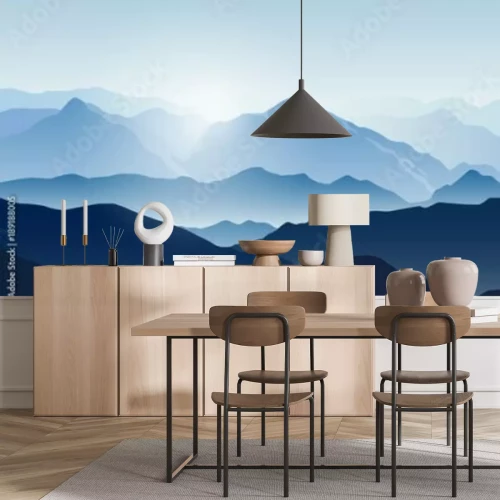 Fotobehang Landschap met silhouetten van bergen