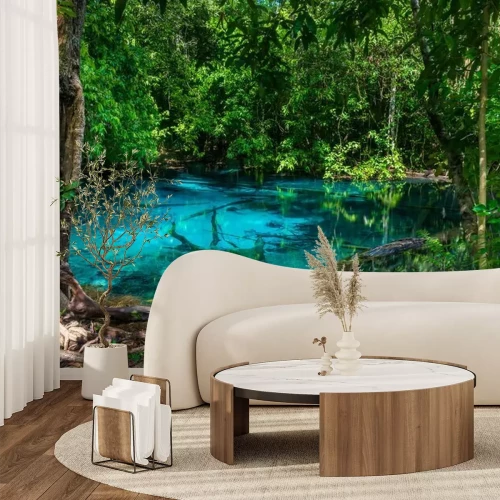 Fotobehang Jungle met turquoise vijver