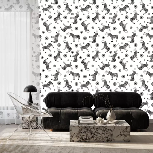 Behang Zebra's zwart-witte stippen en kronen