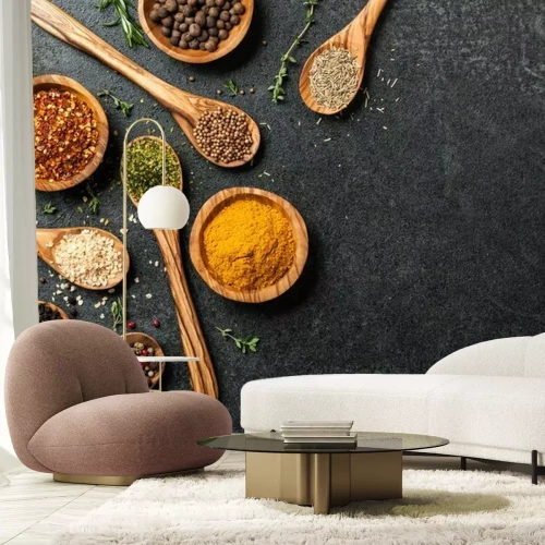 Fotobehang Kooktafel met kruiden en specerijen