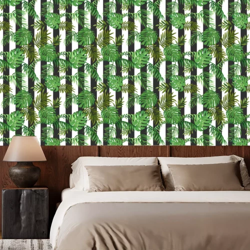 Behang Bladeren op een gestreepte achtergrond