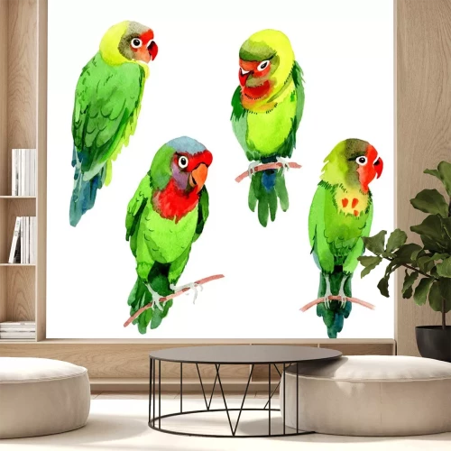 Sticker De hemel kleine papegaaien van de hemel in het wild door geïsoleerde waterverfstijl. Wilde vrijheid, vogel met vliegende vleugels. Aquarellevogel voor achtergrond, textuur, patroon, kader, grens of ta