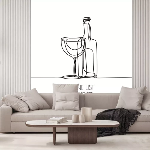 Sticker Continu lijntekening. Vector lineaire zwarte illustratie van wijnfles en glas dat op witte achtergrond wordt geïsoleerd. Concept en ontwerpelementen voor wijnkaart, menu, label.