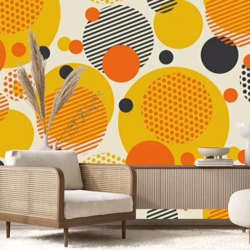 Fotobehang Geometrische cirkel naadloze patroon vectorillustratie in retro 60s stijl. Vintage jaren 1970 bal vormen abstract motief in warme oranje en gele kleuren voor tapijt, inpakpapier, stof, achtergrond ...