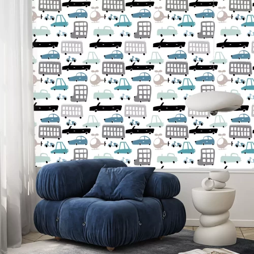 Behang Naadloze patroon met hand getrokken vervoer Cartoon auto's, helikopter vector illustratie. Perfect voor kinderen weefsel, textiel, kinderdagverblijf behang