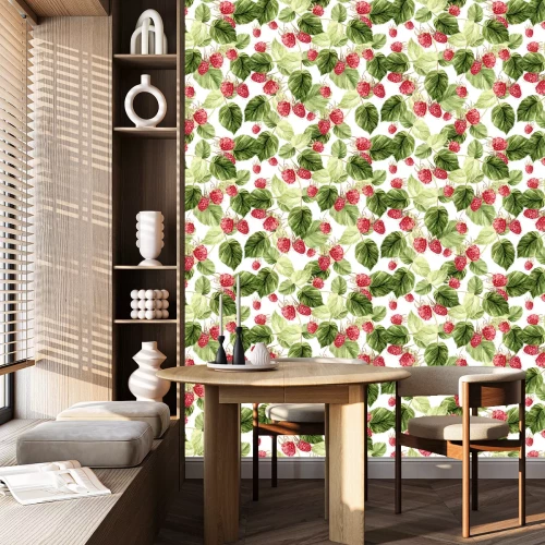 Behang Aquarel frambozenfruit met groene bladeren