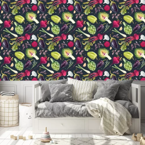 Behang Aquarel groenten artisjokken aubergines