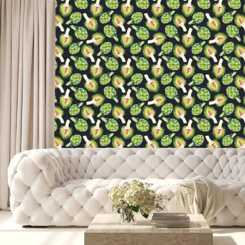 Behang Kleurrijke artisjokken op een zwarte achtergrond