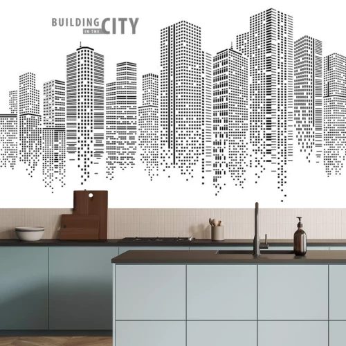 Sticker Abstract City vector, transparant stadslandschap, Dots Building in de stad van de nacht