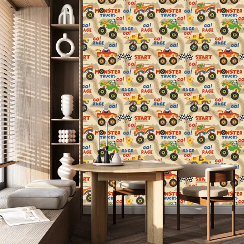 Behang de naadloze vrachtwagens van het patroonmonster met dieren op rasspoor - vectorillustratie, eps