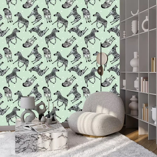 Behang Zebra's en sterren op een groene achtergrond