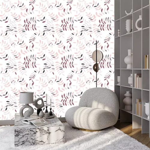 Behang Scandinavische twijgen met bladeren in roze tinten