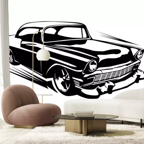 Sticker Een snel rijdende retro auto in zwart-wit afbeeldingen