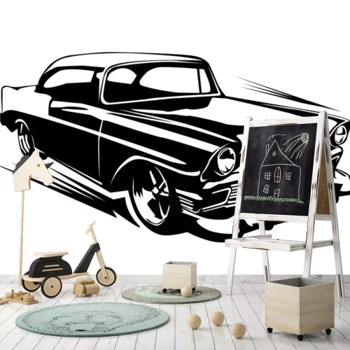 Sticker Een snel rijdende retro auto in zwart-wit afbeeldingen